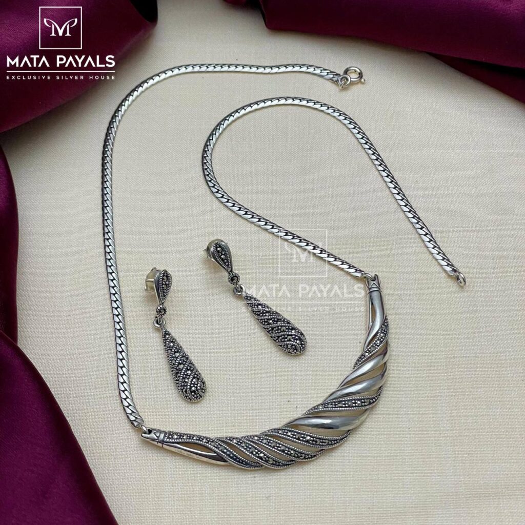 Swirl Marcasite Silver Necklace Set