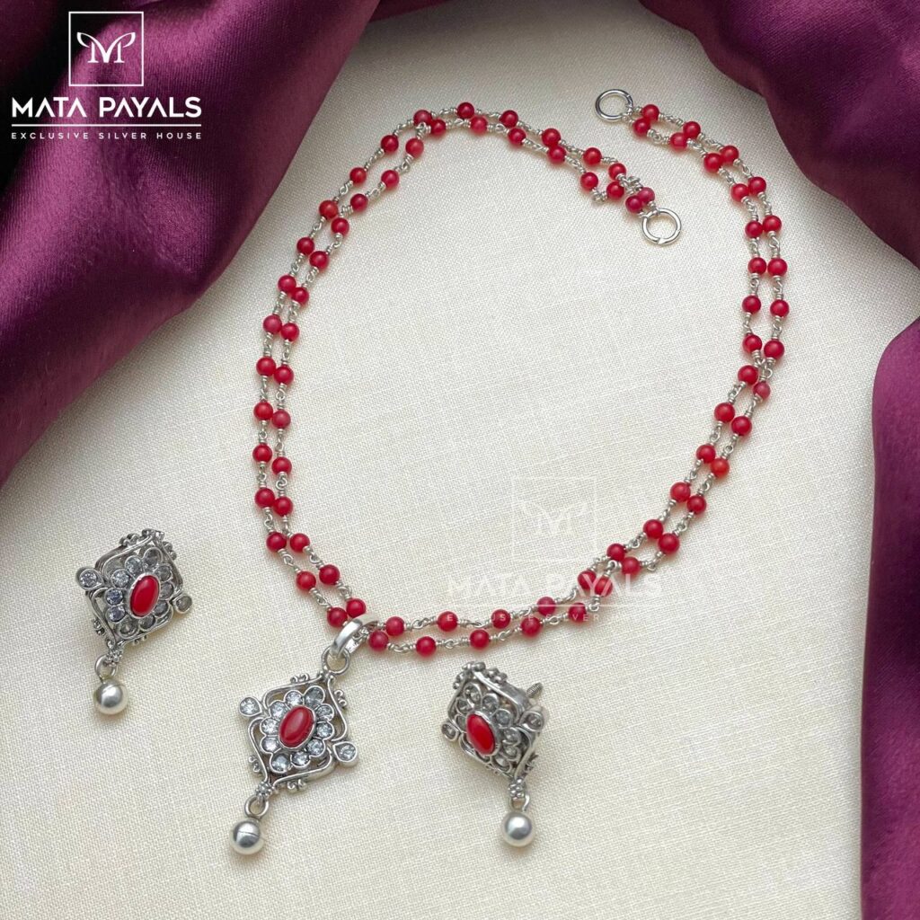 Coral Bead Silver Necklace Set