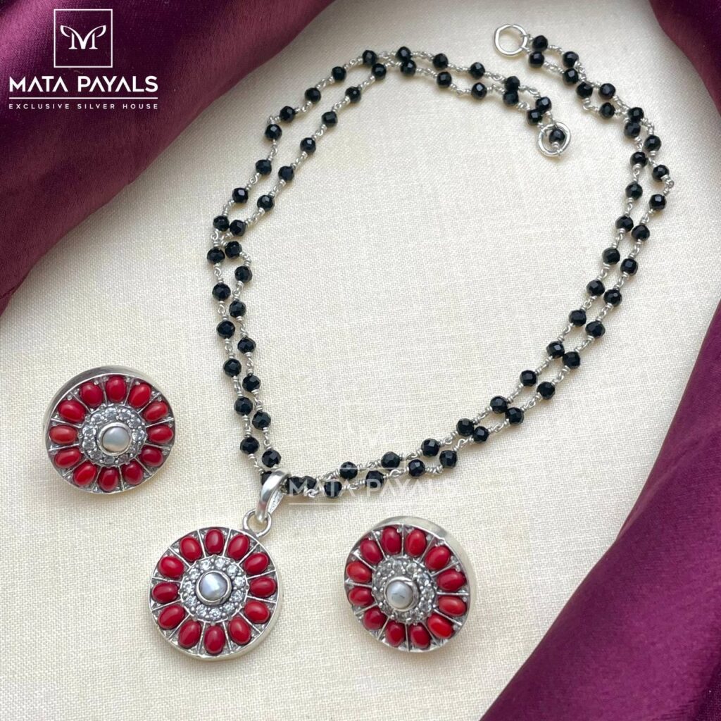 Coral Silver Mangalsutra Necklace Set