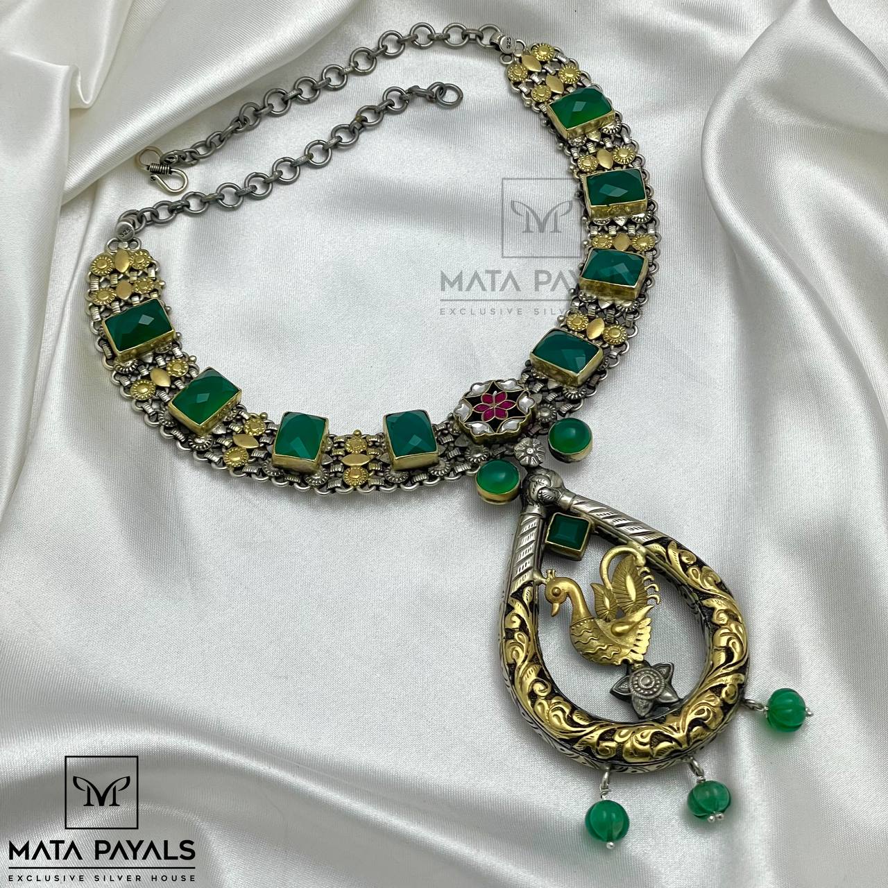 Kundan Emerald Gold Silver Necklace.