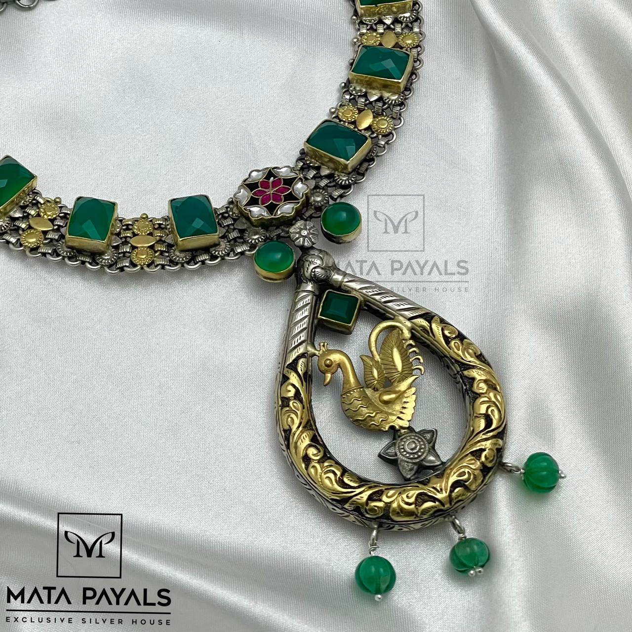 Kundan Emerald Gold Silver Necklace