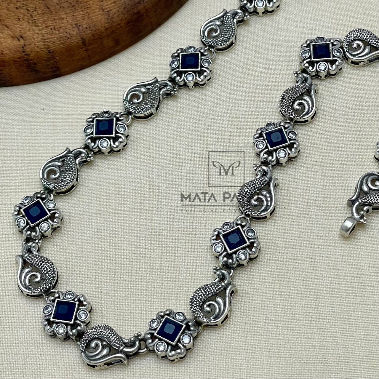 Peacock Blue Silver Necklace.