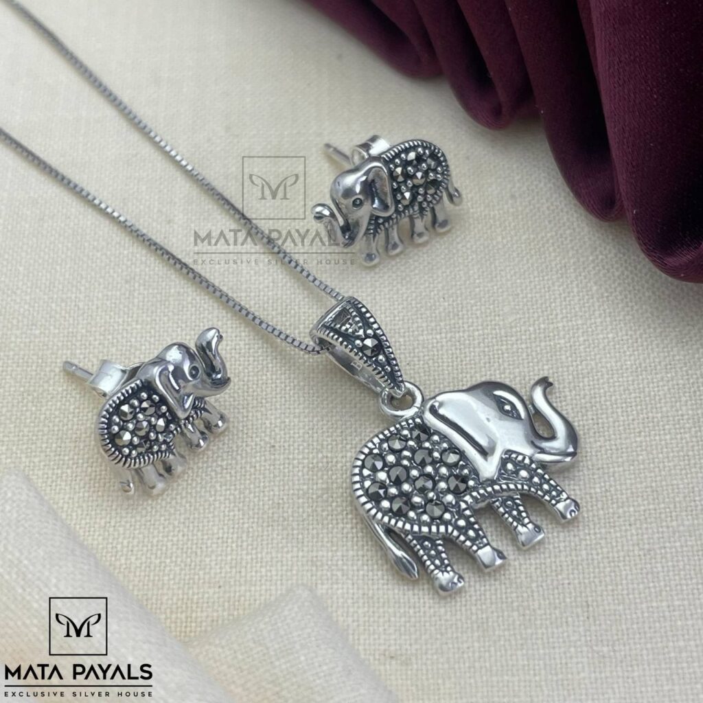 Elephant Marcasite Silver Pendant Set