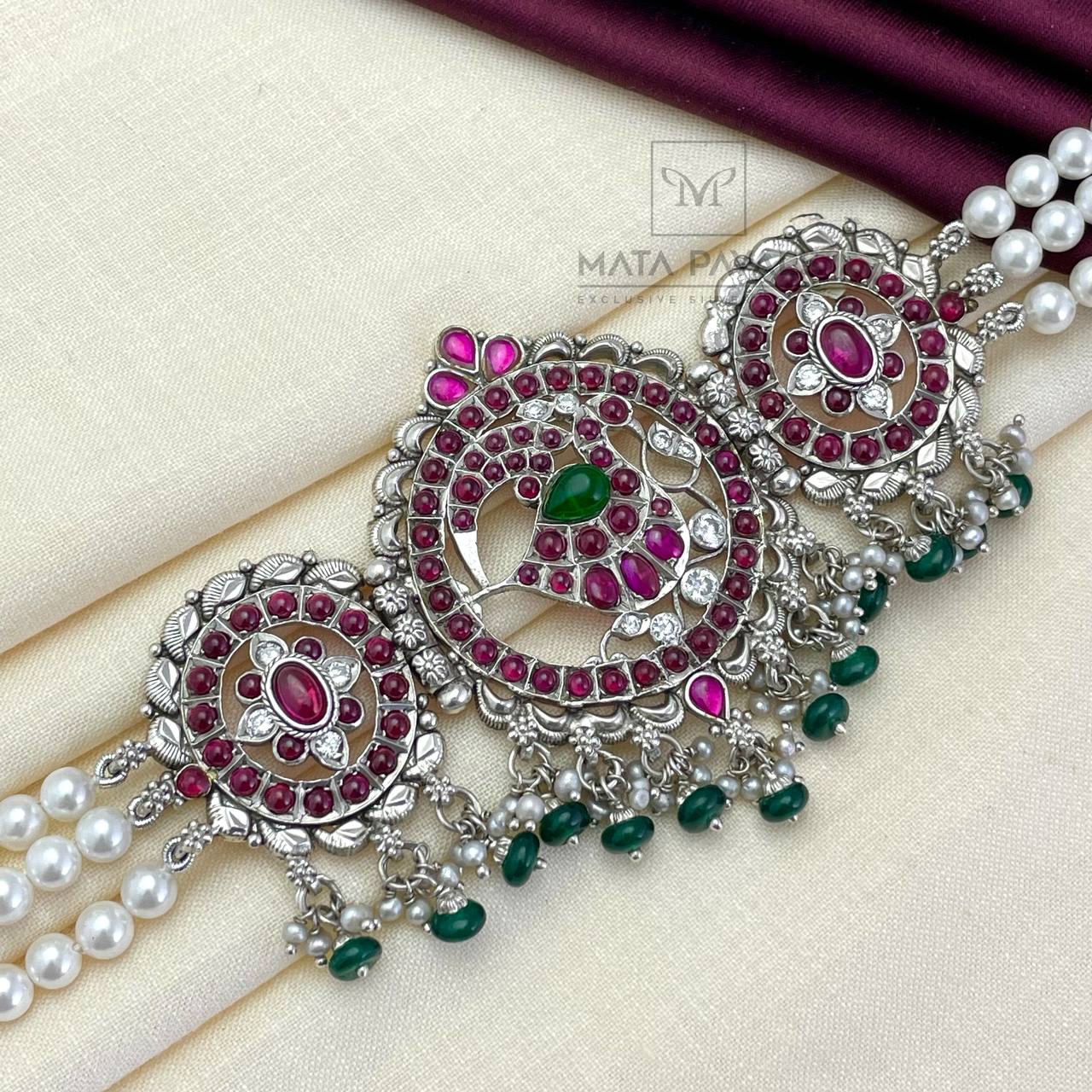 Mayur Pearl Silver Choker - Mata Payals Exclusive Silver Jewellery